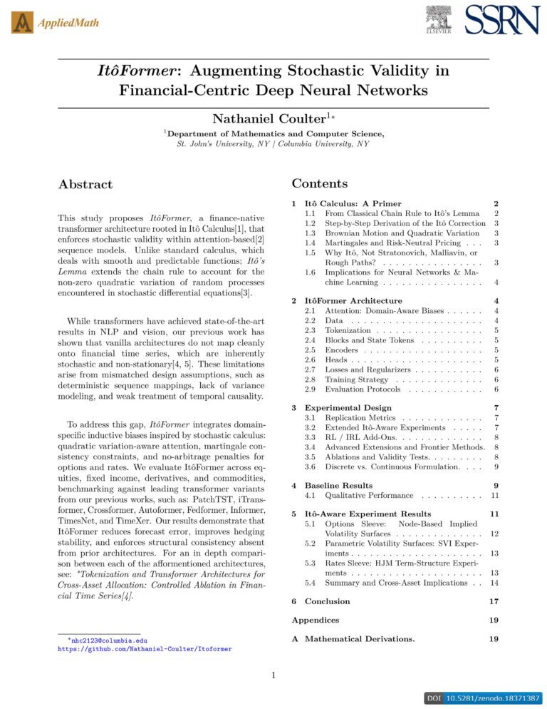 Cover of Nathaniel Coulter's ItôFormer Published Research Paper