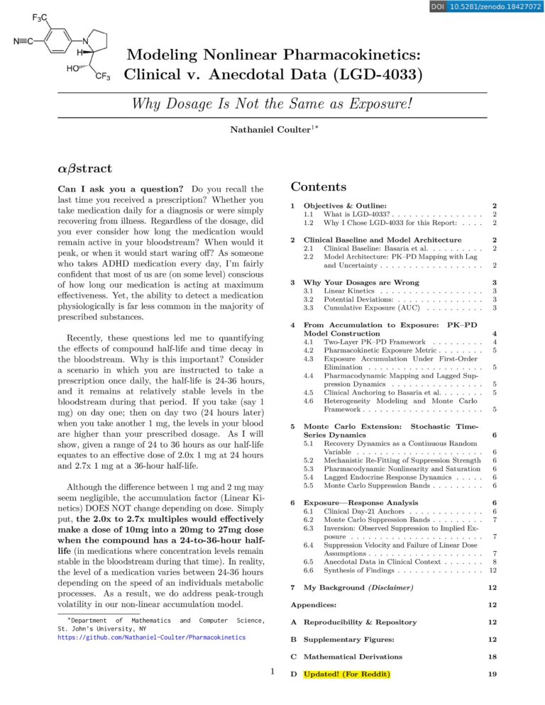 Cover of Nathaniel Coulter's Modeling Nonlinear Pharmacokinetics Published Research Paper